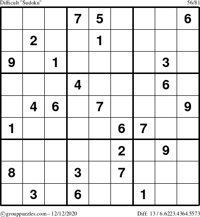 The grouppuzzles.com Difficult Sudoku puzzle for Saturday December 12, 2020