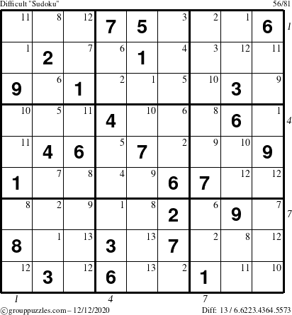 The grouppuzzles.com Difficult Sudoku puzzle for Saturday December 12, 2020 with all 13 steps marked