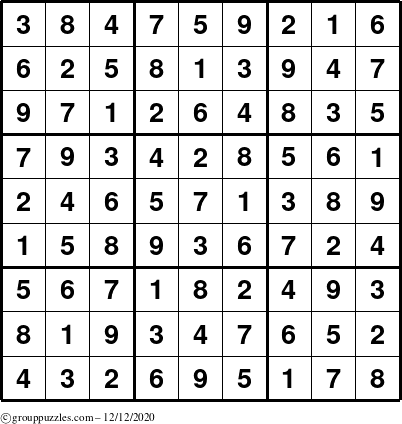 The grouppuzzles.com Answer grid for the Sudoku puzzle for Saturday December 12, 2020