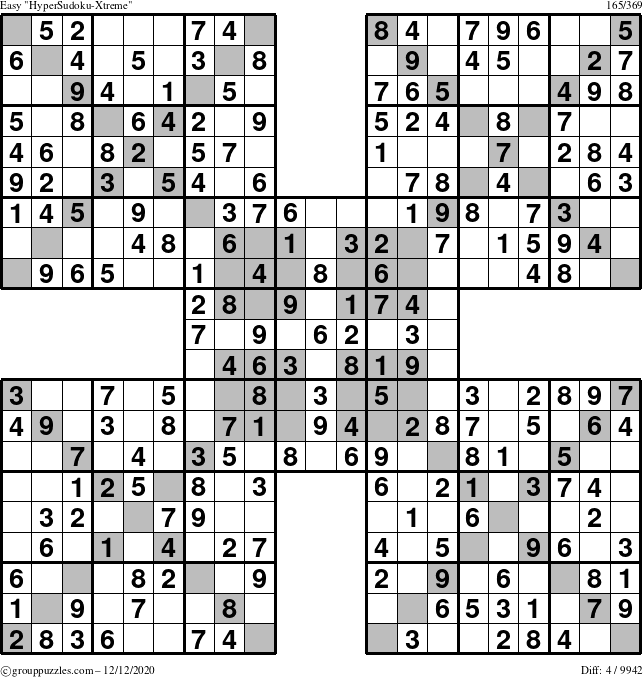 The grouppuzzles.com Easy HyperSudoku-Xtreme puzzle for Saturday December 12, 2020