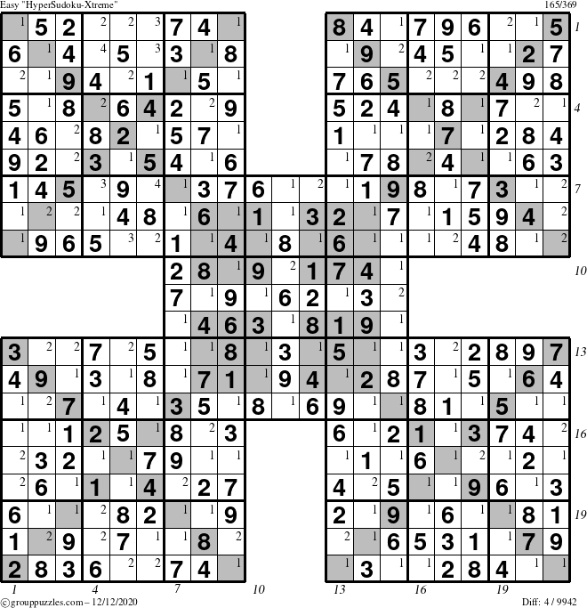 The grouppuzzles.com Easy HyperSudoku-Xtreme puzzle for Saturday December 12, 2020 with all 4 steps marked