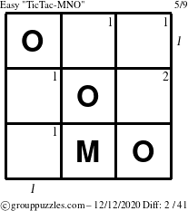 The grouppuzzles.com Easy TicTac-MNO puzzle for Saturday December 12, 2020 with all 2 steps marked
