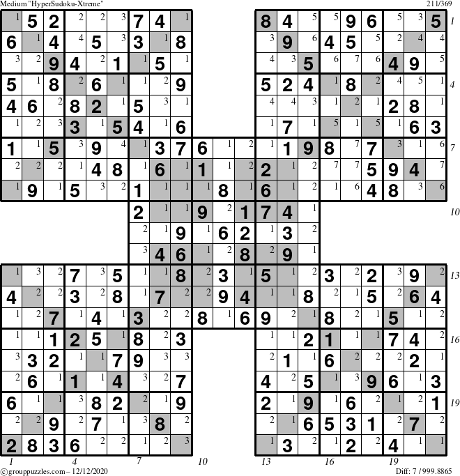 The grouppuzzles.com Medium HyperSudoku-Xtreme puzzle for Saturday December 12, 2020 with all 7 steps marked
