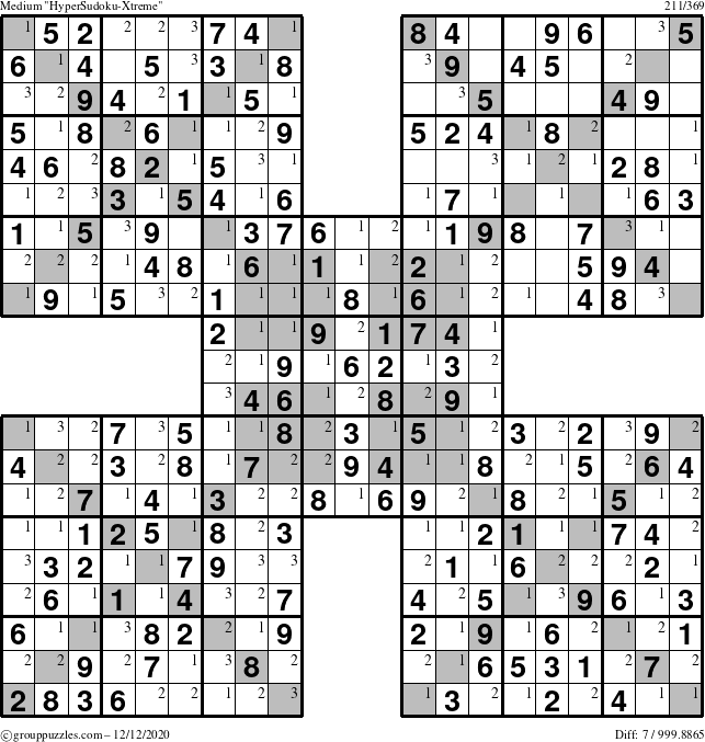 The grouppuzzles.com Medium HyperSudoku-Xtreme puzzle for Saturday December 12, 2020 with the first 3 steps marked