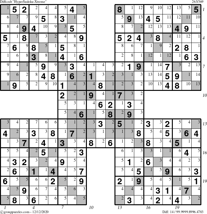 The grouppuzzles.com Difficult HyperSudoku-Xtreme puzzle for Saturday December 12, 2020 with all 14 steps marked