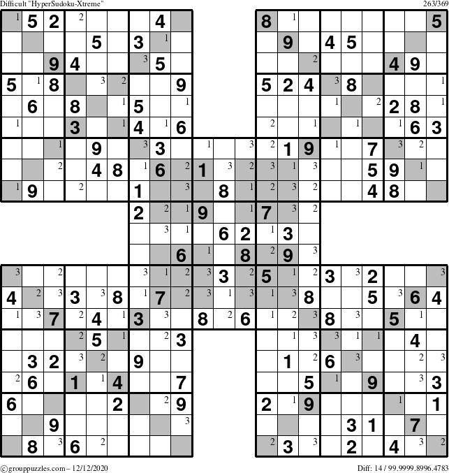 The grouppuzzles.com Difficult HyperSudoku-Xtreme puzzle for Saturday December 12, 2020 with the first 3 steps marked