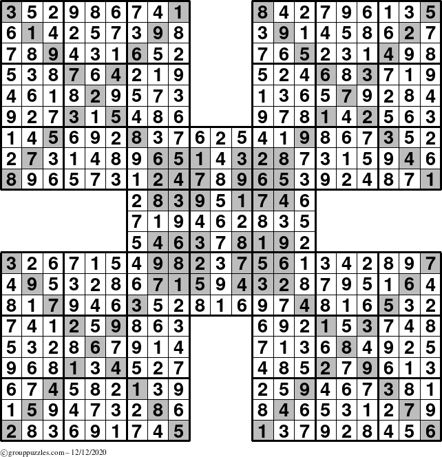 The grouppuzzles.com Answer grid for the HyperSudoku-Xtreme puzzle for Saturday December 12, 2020