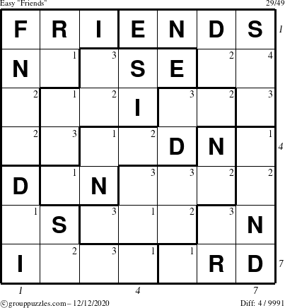 The grouppuzzles.com Easy Friends puzzle for Saturday December 12, 2020 with all 4 steps marked