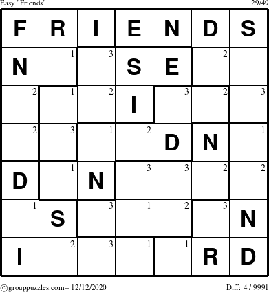 The grouppuzzles.com Easy Friends puzzle for Saturday December 12, 2020 with the first 3 steps marked