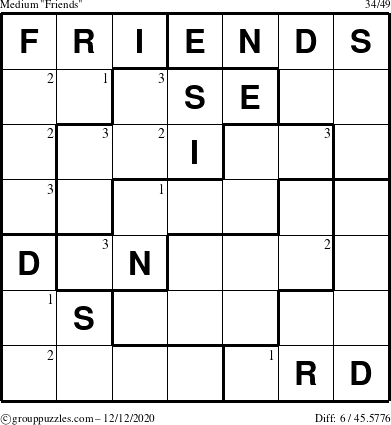 The grouppuzzles.com Medium Friends puzzle for Saturday December 12, 2020 with the first 3 steps marked