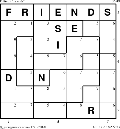 The grouppuzzles.com Difficult Friends puzzle for Saturday December 12, 2020 with all 9 steps marked