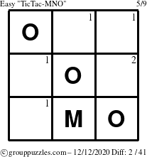 The grouppuzzles.com Easy TicTac-MNO puzzle for Saturday December 12, 2020 with the first 2 steps marked