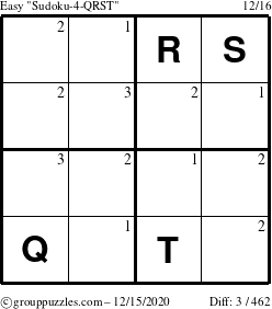 The grouppuzzles.com Easy Sudoku-4-QRST puzzle for Tuesday December 15, 2020 with the first 3 steps marked