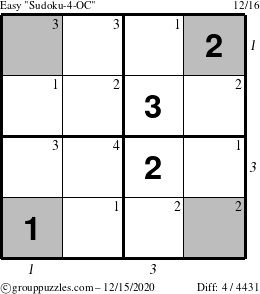 The grouppuzzles.com Easy Sudoku-4-OC puzzle for Tuesday December 15, 2020, suitable for printing, with all 4 steps marked
