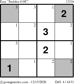 The grouppuzzles.com Easy Sudoku-4-OC puzzle for Tuesday December 15, 2020 with the first 3 steps marked