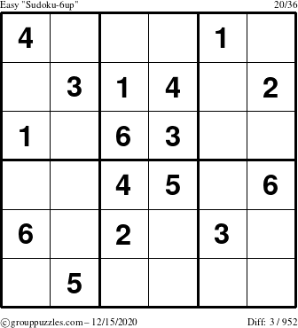 The grouppuzzles.com Easy Sudoku-6up puzzle for Tuesday December 15, 2020