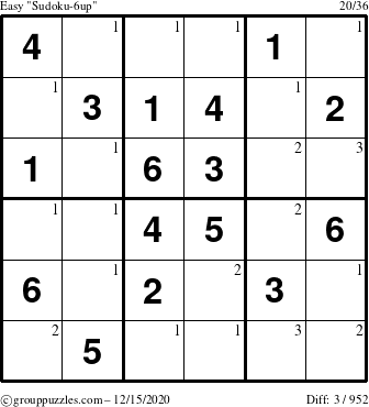 The grouppuzzles.com Easy Sudoku-6up puzzle for Tuesday December 15, 2020 with the first 3 steps marked