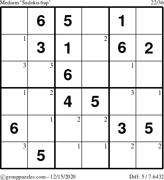 The grouppuzzles.com Medium Sudoku-6up puzzle for Tuesday December 15, 2020 with the first 3 steps marked