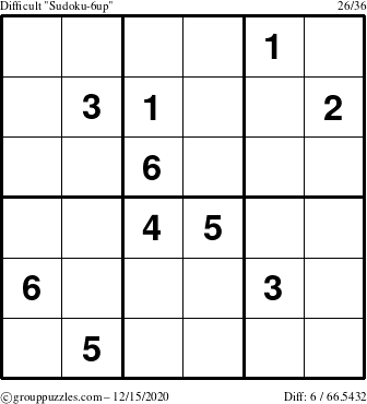 The grouppuzzles.com Difficult Sudoku-6up puzzle for Tuesday December 15, 2020