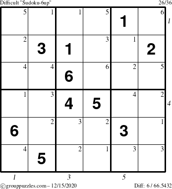 The grouppuzzles.com Difficult Sudoku-6up puzzle for Tuesday December 15, 2020 with all 6 steps marked