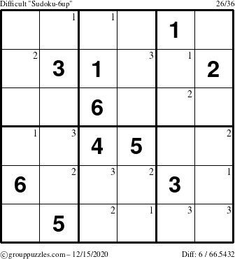 The grouppuzzles.com Difficult Sudoku-6up puzzle for Tuesday December 15, 2020 with the first 3 steps marked
