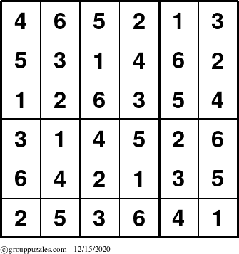 The grouppuzzles.com Answer grid for the Sudoku-6up puzzle for Tuesday December 15, 2020