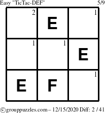 The grouppuzzles.com Easy TicTac-DEF puzzle for Tuesday December 15, 2020 with the first 2 steps marked