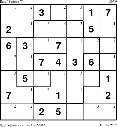 The grouppuzzles.com Easy Sudoku-7 puzzle for Tuesday December 15, 2020 with the first 3 steps marked