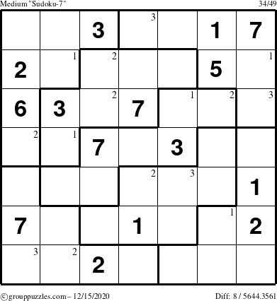 The grouppuzzles.com Medium Sudoku-7 puzzle for Tuesday December 15, 2020 with the first 3 steps marked