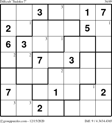 The grouppuzzles.com Difficult Sudoku-7 puzzle for Tuesday December 15, 2020 with the first 3 steps marked