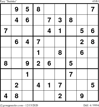 The grouppuzzles.com Easy Sudoku puzzle for Tuesday December 15, 2020