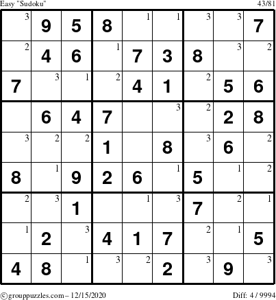 The grouppuzzles.com Easy Sudoku puzzle for Tuesday December 15, 2020 with the first 3 steps marked