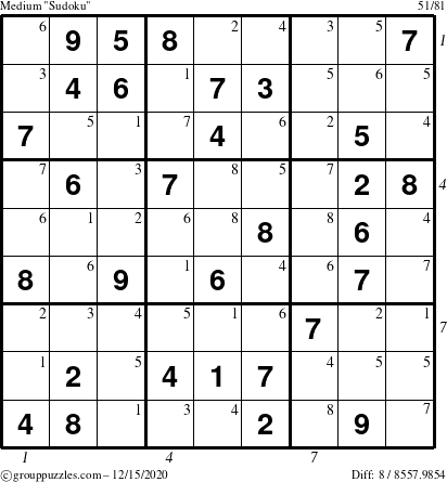 The grouppuzzles.com Medium Sudoku puzzle for Tuesday December 15, 2020, suitable for printing, with all 8 steps marked