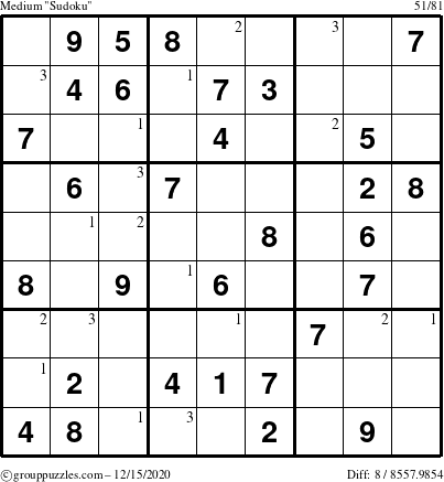 The grouppuzzles.com Medium Sudoku puzzle for Tuesday December 15, 2020 with the first 3 steps marked
