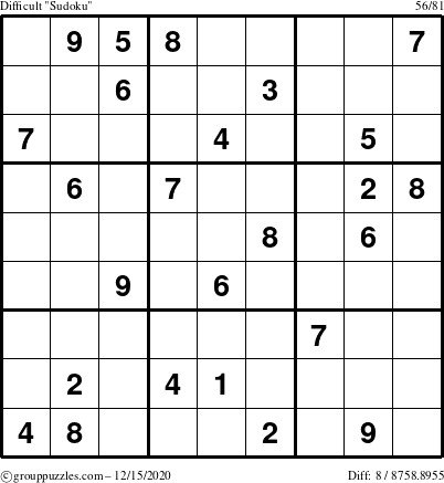 The grouppuzzles.com Difficult Sudoku puzzle for Tuesday December 15, 2020