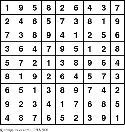 The grouppuzzles.com Answer grid for the Sudoku puzzle for Tuesday December 15, 2020