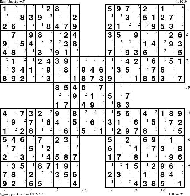 The grouppuzzles.com Easy Sudoku-by5 puzzle for Tuesday December 15, 2020 with all 4 steps marked