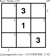 The grouppuzzles.com Easy TicTac-123 puzzle for Tuesday December 15, 2020 with all 2 steps marked