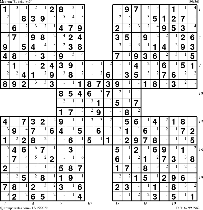The grouppuzzles.com Medium Sudoku-by5 puzzle for Tuesday December 15, 2020 with all 6 steps marked