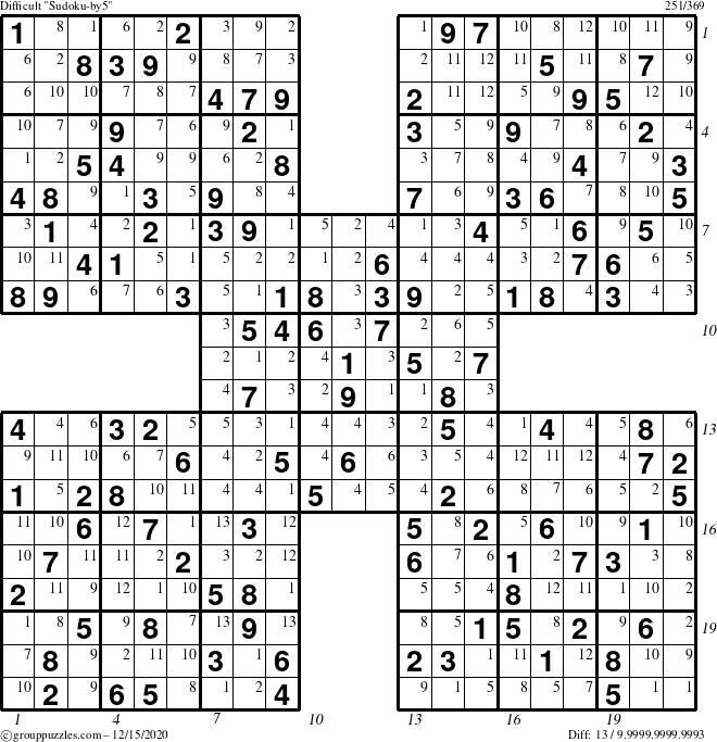 The grouppuzzles.com Difficult Sudoku-by5 puzzle for Tuesday December 15, 2020 with all 13 steps marked