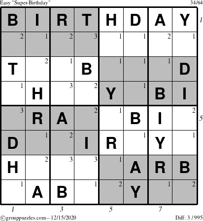 The grouppuzzles.com Easy Super-Birthday puzzle for Tuesday December 15, 2020 with all 3 steps marked