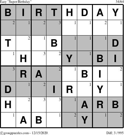 The grouppuzzles.com Easy Super-Birthday puzzle for Tuesday December 15, 2020 with the first 3 steps marked