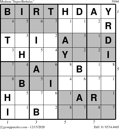 The grouppuzzles.com Medium Super-Birthday puzzle for Tuesday December 15, 2020 with all 8 steps marked
