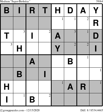 The grouppuzzles.com Medium Super-Birthday puzzle for Tuesday December 15, 2020 with the first 3 steps marked