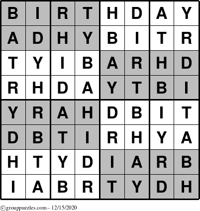 The grouppuzzles.com Answer grid for the Super-Birthday puzzle for Tuesday December 15, 2020