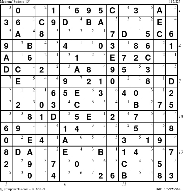 The grouppuzzles.com Medium Sudoku-15 puzzle for Monday January 18, 2021, suitable for printing, with all 7 steps marked