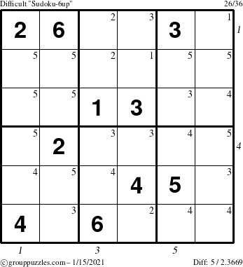 The grouppuzzles.com Difficult Sudoku-6up puzzle for Friday January 15, 2021 with all 5 steps marked
