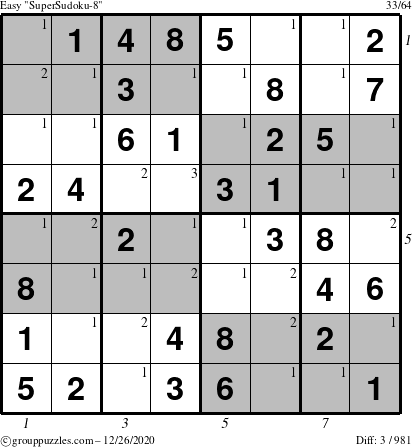 The grouppuzzles.com Easy SuperSudoku-8 puzzle for Saturday December 26, 2020 with all 3 steps marked