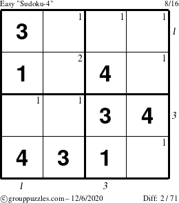 The grouppuzzles.com Easy Sudoku-4 puzzle for Sunday December 6, 2020 with all 2 steps marked
