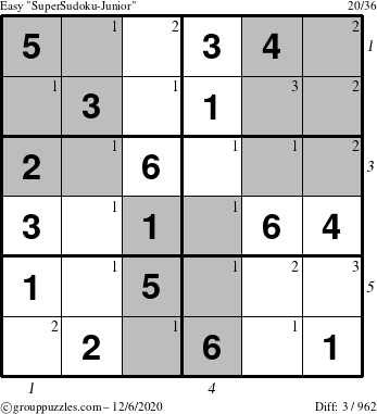 The grouppuzzles.com Easy SuperSudoku-Junior puzzle for Sunday December 6, 2020 with all 3 steps marked